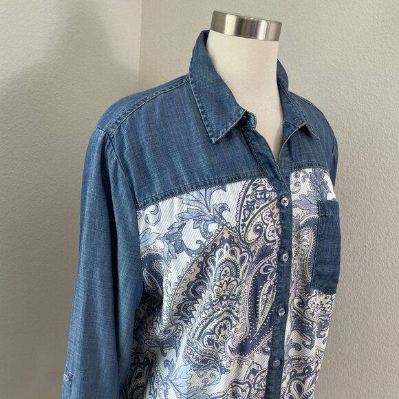 Chicos Womens XL Blue White Mixed Print Button Up Shirt Roll Tab Sleeve Blouse - Picture 2 of 11